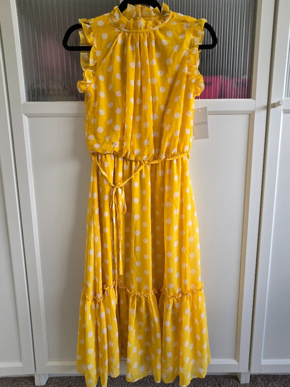 Tahari Crew Neck Sleeveless Ruffle Polka Dot Chiffon Dress, with Tag - XS